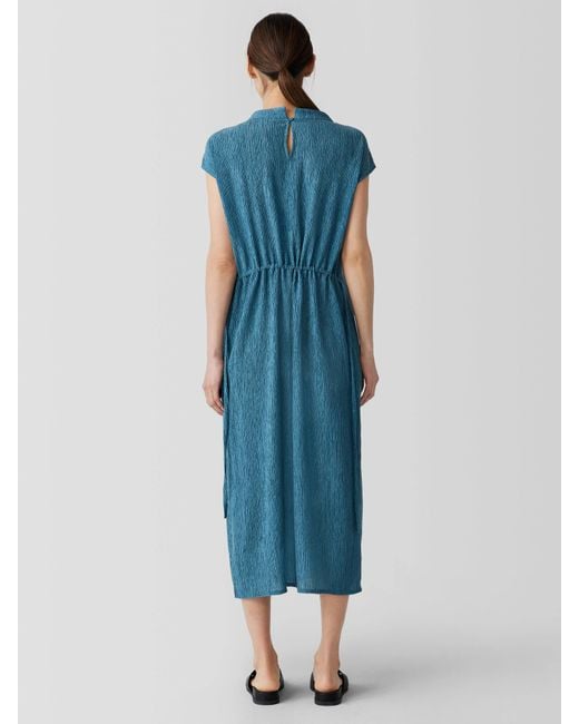 Eileen Fisher Blue Woven Plissé Funnel Neck Dress