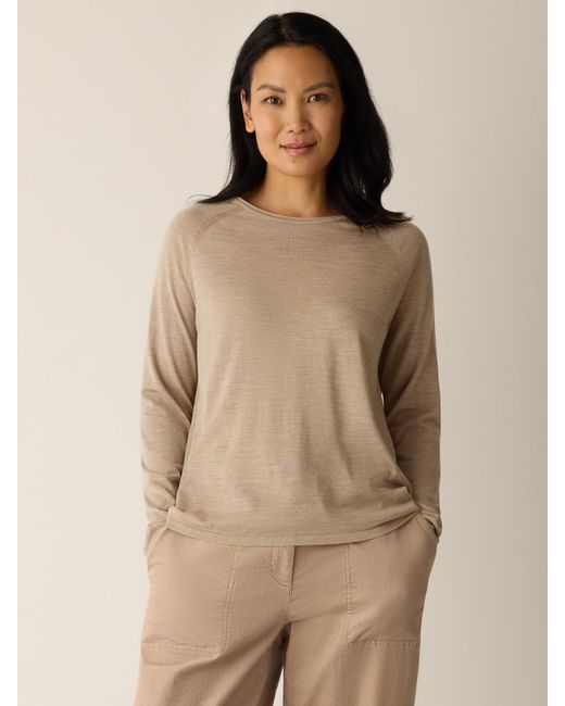 Eileen Fisher Natural Superfine Merino Crew Neck Top In Regenerative Wool