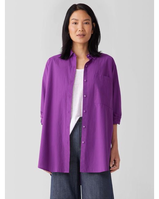 Eileen Fisher Purple Washed Organic Cotton Poplin Classic Collar Long Shirt