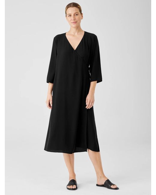 Eileen Fisher Silk Crepe Wrap Dress in Black Lyst