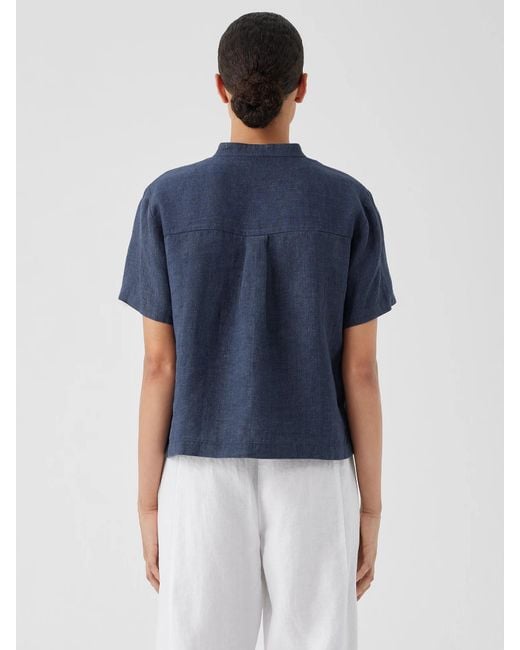 Eileen Fisher Blue Washed Organic Linen Délavé Band Collar Shirt