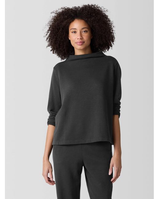 Eileen Fisher Black Garment-dyed Terry Funnel Neck Top