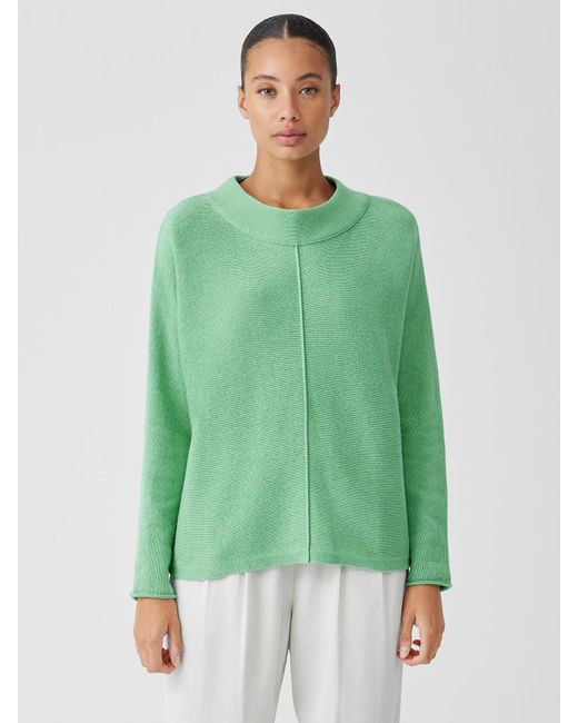 Eileen Fisher Green Cotton And Recycled Cashmere Mock Neck Top