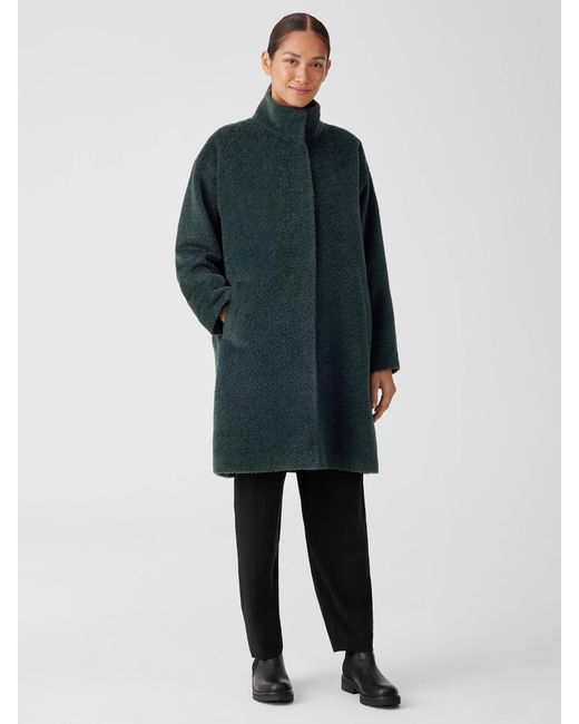 Eileen Fisher Blue Sheared Suri Alpaca Stand Collar Coat