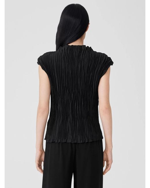 Eileen Fisher Crushed Silk Funnel Neck Top in Black