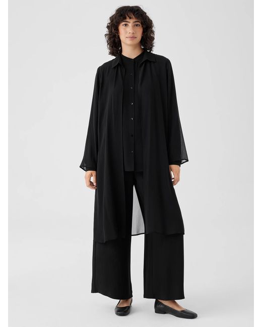 Eileen Fisher Crinkled Sheer Silk Classic Collar Jacket in Black | Lyst