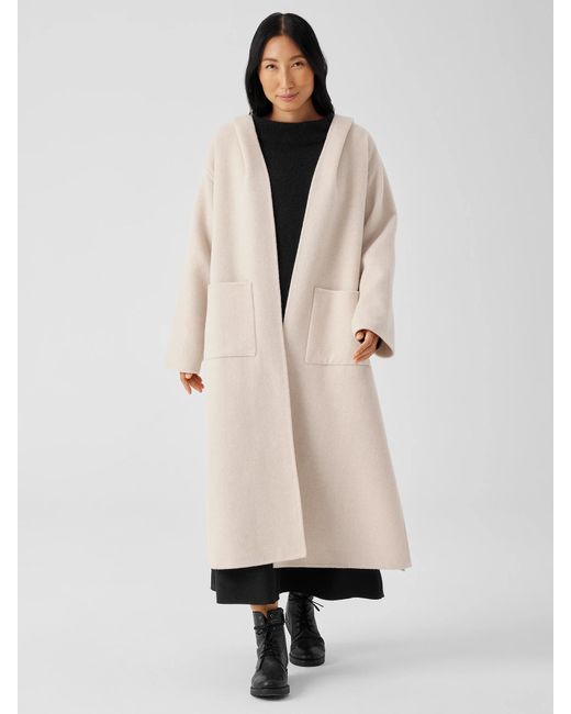 Eileen Fisher Natural Doubleface Wool Cloud Hooded Coat