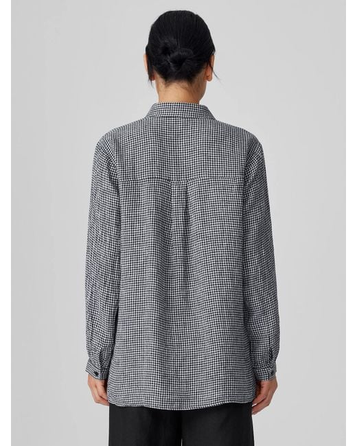 Eileen Fisher Black Puckered Organic Linen Classic Collar Shirt