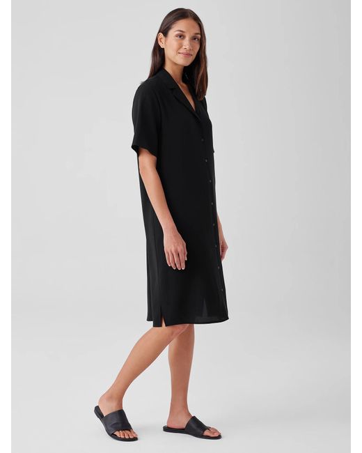 Eileen Fisher Silk Crepe Notch Collar Dress in Black Lyst