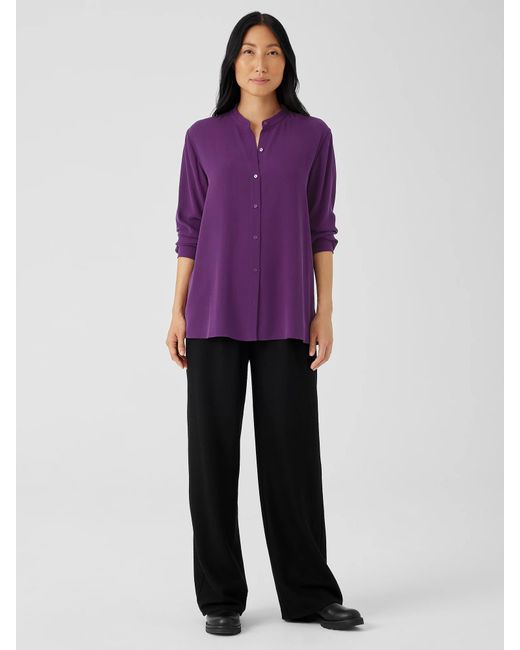 Eileen Fisher Purple Silk Georgette Crepe Mandarin Collar Shirt