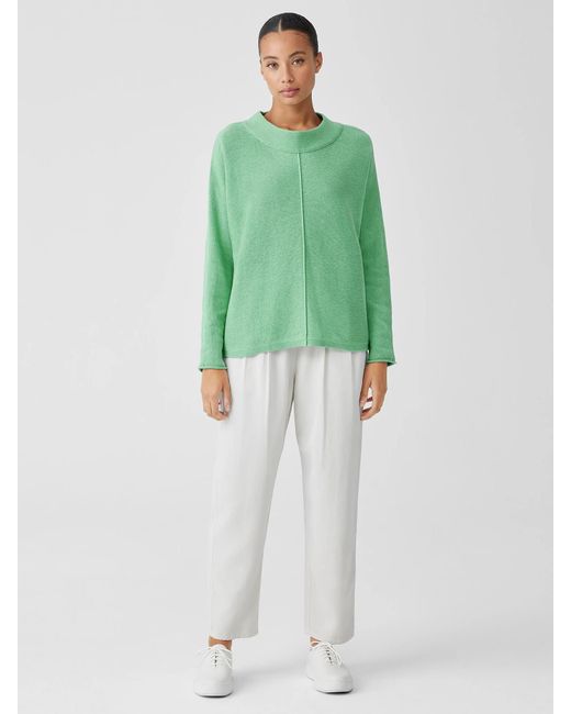 Eileen Fisher Green Cotton And Recycled Cashmere Mock Neck Top