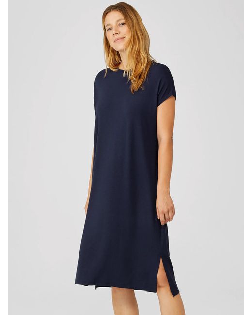 Eileen Fisher Women's Blue Viscose Jersey Crew Neck Dress Eileen Fisher Women's Blue Viscose Jersey Crew Neck Dress