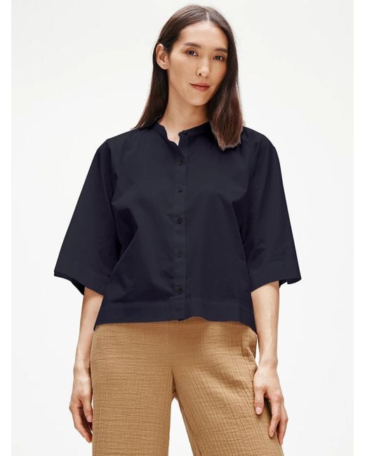 Eileen Fisher Women's Blue Organic Cotton Elbow-sleeve Shirt