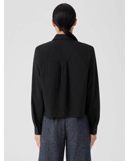 Eileen Fisher Black Washed Organic Cotton Poplin Classic Collar Short Shirt