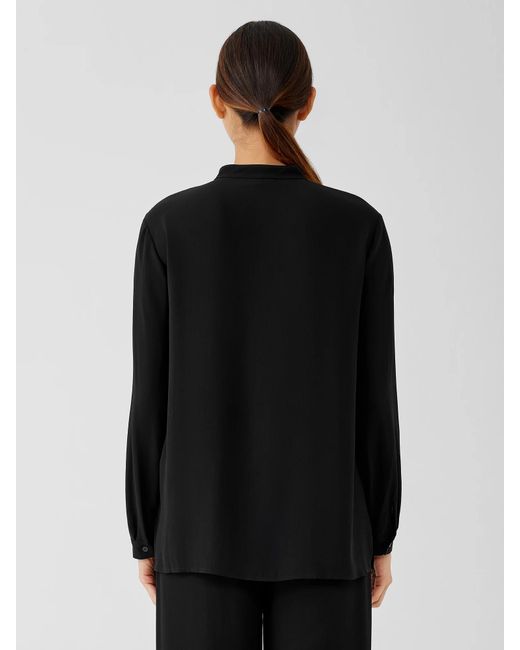 Eileen Fisher Black Silk Georgette Crepe Mandarin Collar Shirt