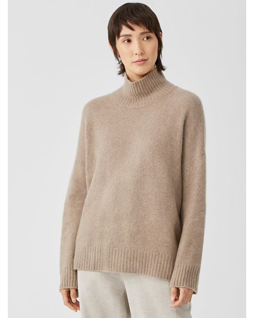 Eileen Fisher Cashmere Silk Bliss Turtleneck Box-top in Natural - Lyst