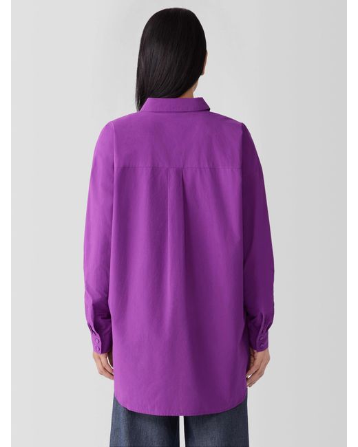 Eileen Fisher Purple Washed Organic Cotton Poplin Classic Collar Long Shirt