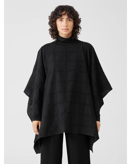 Eileen Fisher Wool Gauze Grid Poncho in Black | Lyst