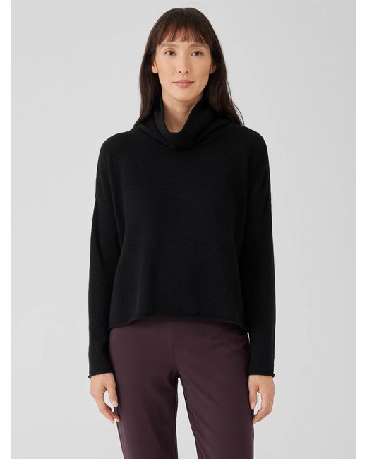 Eileen Fisher Black Cotton And Recycled Cashmere Turtleneck Box-top