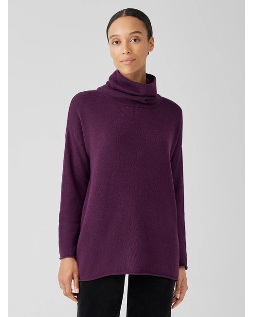 Eileen Fisher Purple Cotton And Recycled Cashmere Turtleneck Top