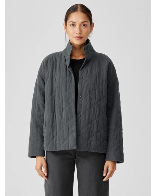 Eileen Fisher Organic Linen Cotton Crepe Quilted Jacket in Gray Lyst