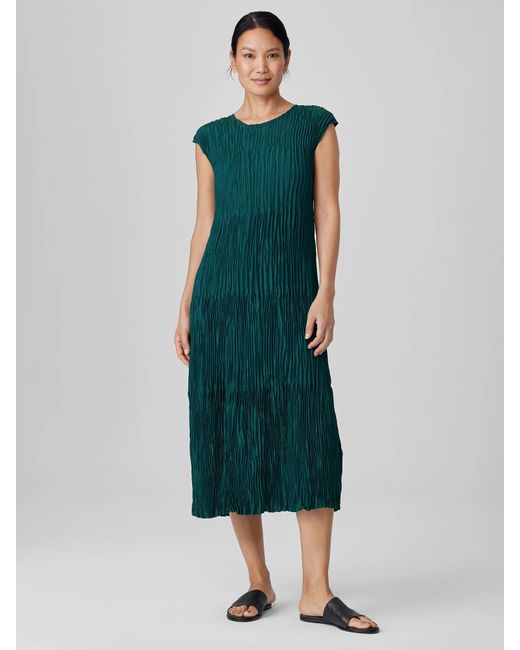 Eileen Fisher Green Crushed Silk Jewel Neck Tiered Dress