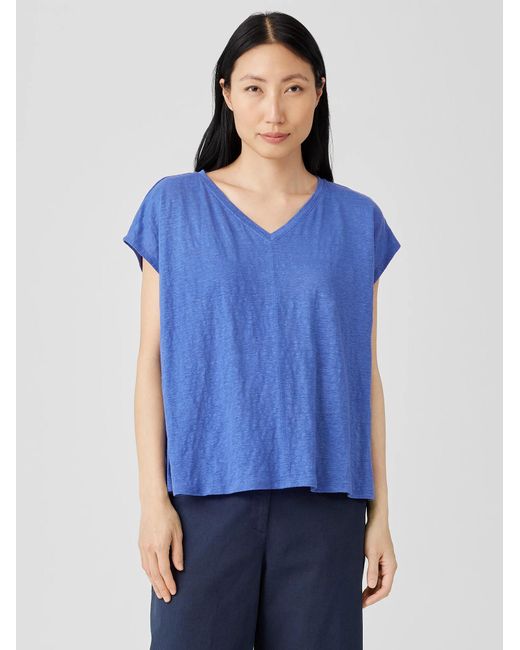 Eileen Fisher Blue Organic Linen Jersey V-neck Tee