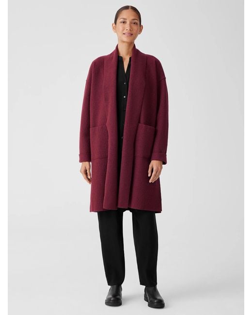 Eileen Fisher Red Lightweight Boiled Wool High Collar Coat In Regenerative Wool