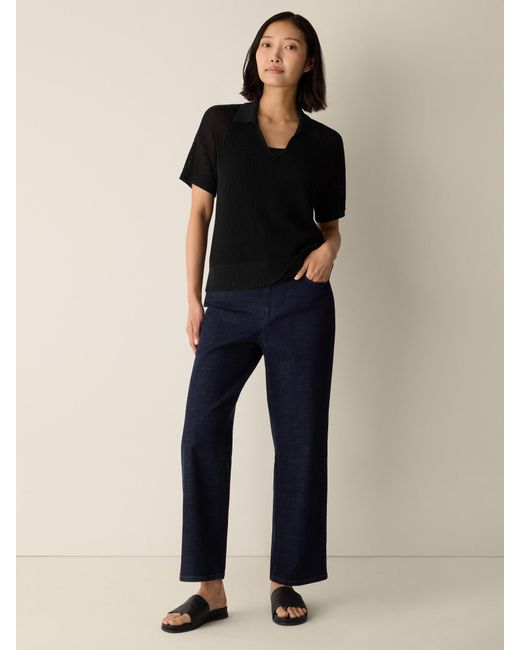 Eileen Fisher Black Cotton Silk Cord Split Neck Top