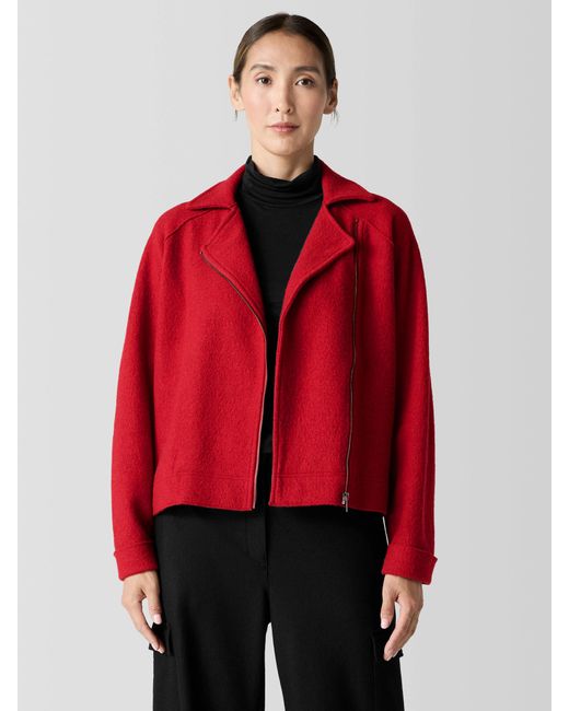Eileen Fisher Red Lightweight Boiled Wool Motorcycle Jacket In Regenerative Wool