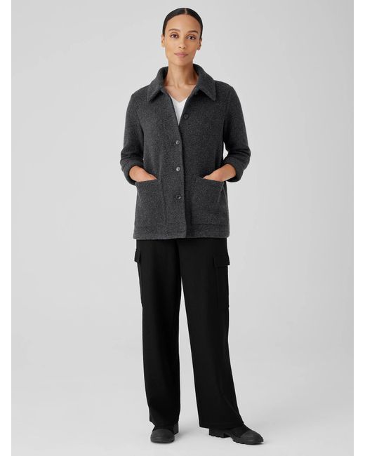 Eileen Fisher Gray Boucle Wool Knit Classic Collar Jacket