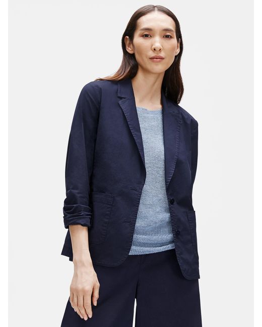 Eileen Fisher Blue Organic Cotton Poplin Shaped Blazer