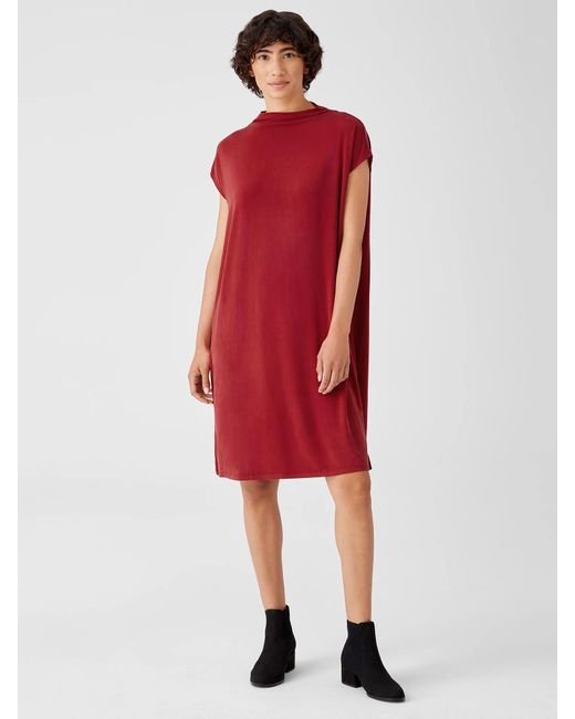 Eileen Fisher Red Sueded Cupro Knit Funnel Neck Dress