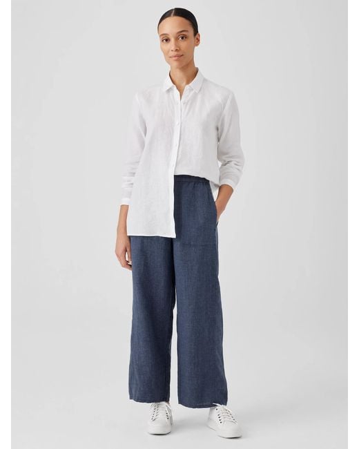 Eileen Fisher Blue Washed Organic Linen Délavé Wide Trouser Pant