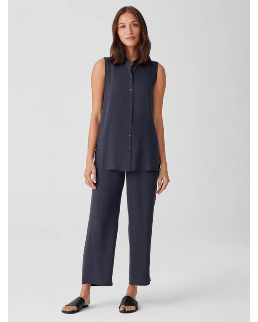 Eileen Fisher Blue Silk Georgette Crepe Straight Pant