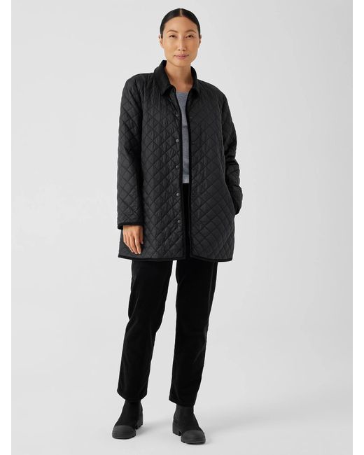 Eileen Fisher Black Eggshell Recycled Nylon Classic Collar Coat