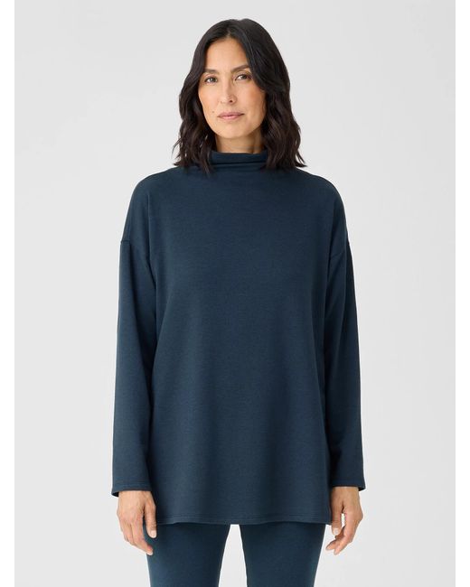 Eileen Fisher Blue Cozy Brushed Terry Hug Funnel Neck Top