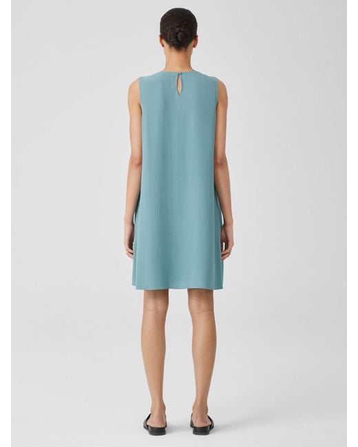 Eileen Fisher Blue Silk Georgette Crepe Round Neck Dress