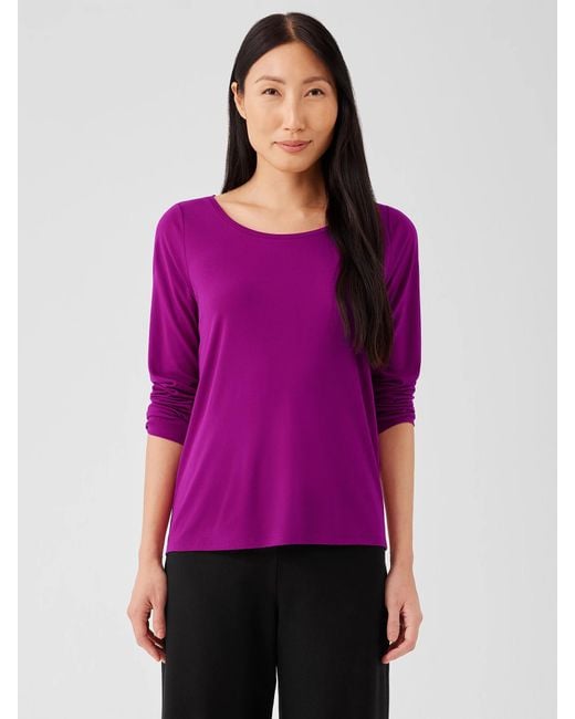 Eileen Fisher Purple Stretch Silk Jersey Scoop Neck Top