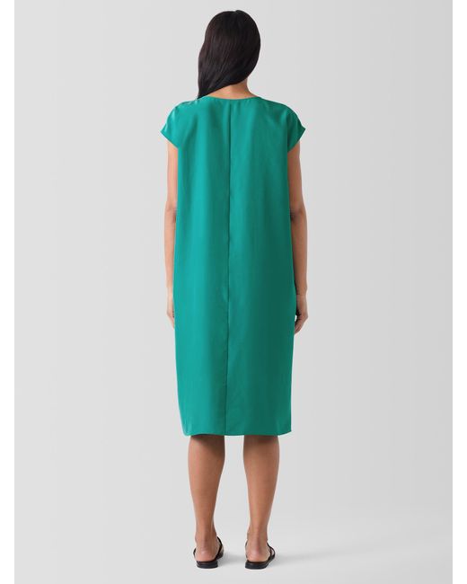 Eileen Fisher Green Washed Silk V-neck Dress