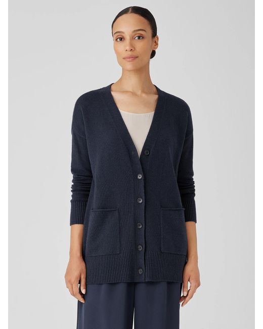 Eileen Fisher Blue Cotton And Recycled Cashmere V-neck Cardigan