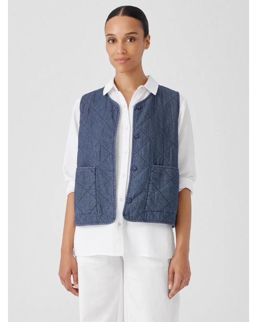 Eileen Fisher Blue Airy Organic Cotton Twill Quilted Vest
