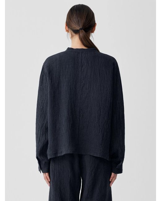 Eileen Fisher Blue Puckered Organic Linen Band Collar Shirt Jacket