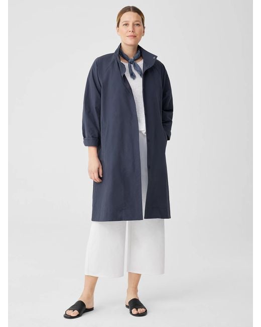 Eileen Fisher Blue Light Cotton Nylon Stand Collar Coat