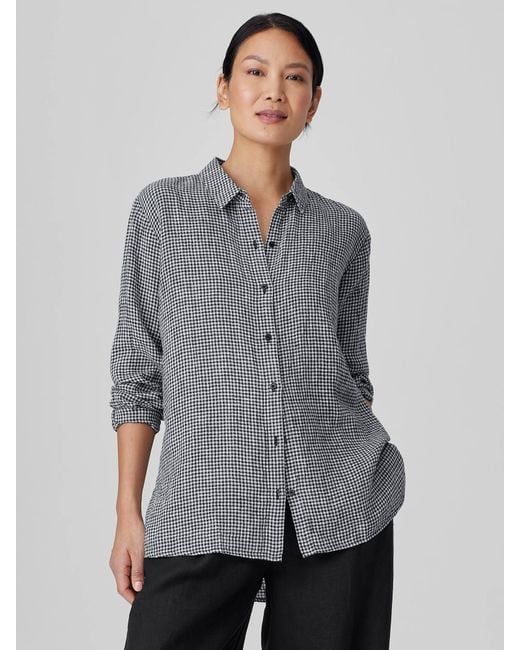 Eileen Fisher Black Puckered Organic Linen Classic Collar Shirt