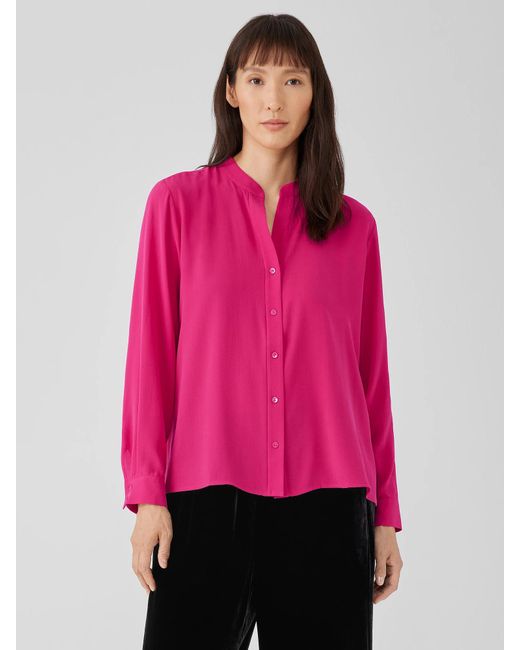 Eileen Fisher Pink Silk Georgette Crepe Shirred-back Shirt