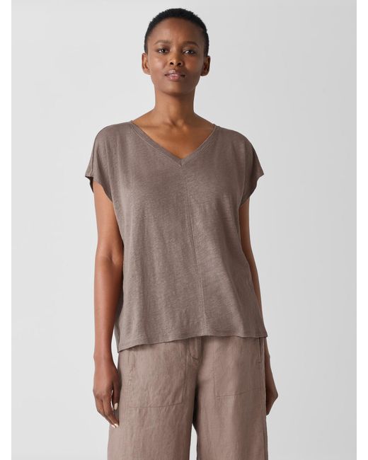 Eileen Fisher Brown Organic Linen Jersey V-neck Tee
