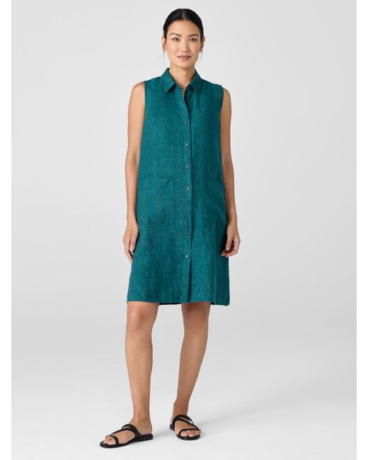 Eileen Fisher Blue Washed Organic Linen Délavé Sleeveless Shirtdress