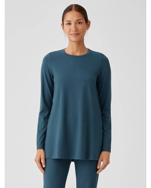 Eileen Fisher Blue Stretch Jersey Knit Crew Neck Long Top