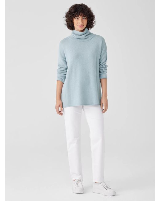 Eileen Fisher Blue Cotton And Recycled Cashmere Turtleneck Long Top